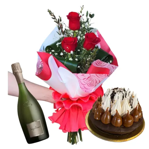 Ramo de 3 rosas importadas con torta y espumante 